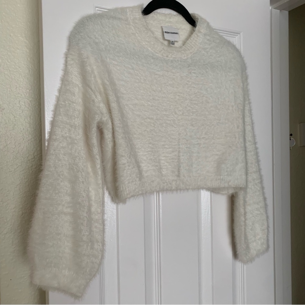 Buttery Soft Cropped White Sweater with Puffed Wrists